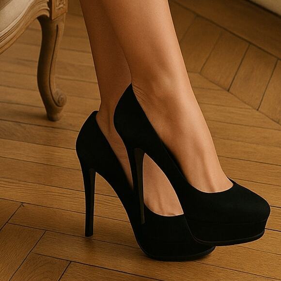 YSL Sexy Suede 7 Platform Tribtoo Heels Stiletto Pump Black 37.5 Yves St Laurent - Picture 1 of 9